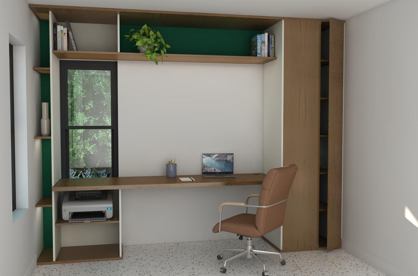 PROJET 2 - Conception d’un bureau de travail contemporain. Ajout d’une touche de couleur éclatante pour que le meuble se démarque.