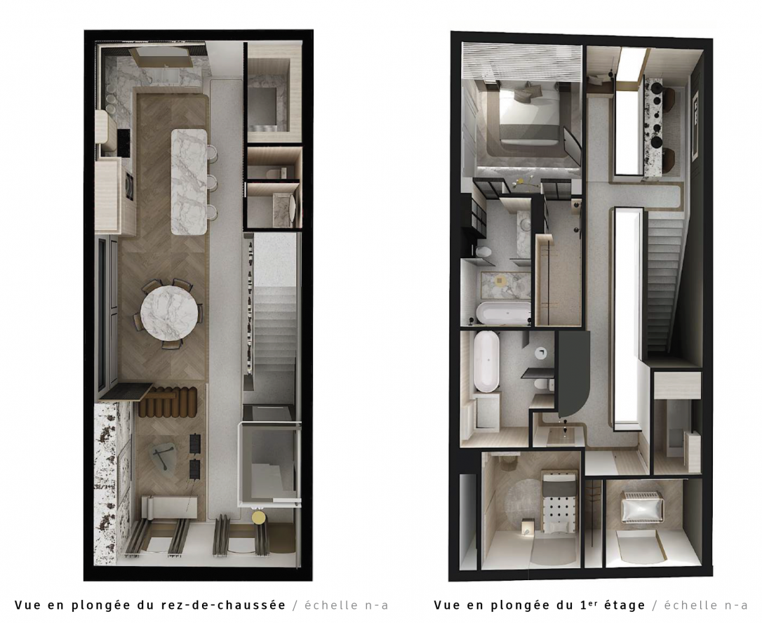 PROJET 2 : Dans son ensemble, la conception de ce bâtiment illustre une planification d’espace dynamique et une exploration de ses éléments architecturaux. Au sein de sa petite empreinte, nous voulions faire naviguer ses occupants en créant des espaces qui mettent en valeur le bonheur et le bien-être entre la vie familiale et son environnement.