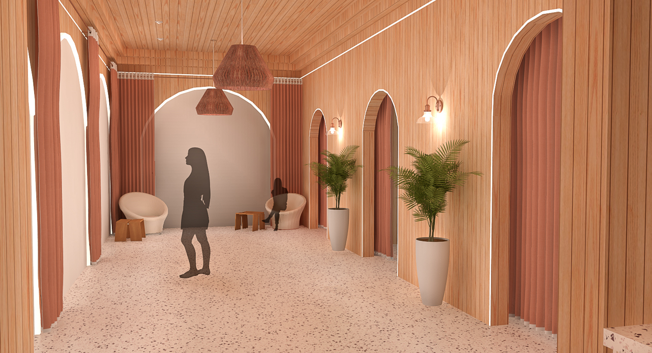 PROJET 1 : Cette deuxième vue est la proposition des salles d’essayage de la boutique. On peut ressentir la chaleur de Uluru, le concept de ce projet, qui est un relief emblématique, situé au cœur des déserts Australiens.