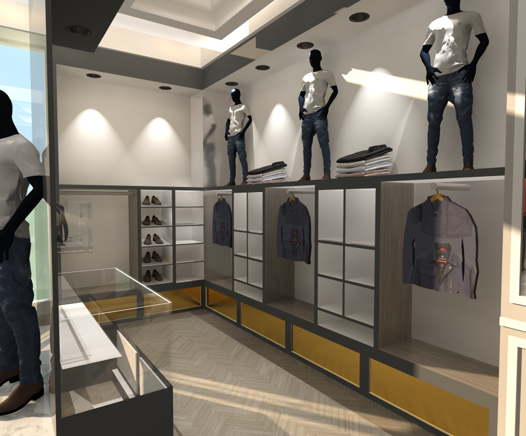 PROJET 2 : Le raffinement de chaque détail de cet espace est au cœur même de ce projet. La mise en valeur des vêtements est une priorité pour offrir une expérience optimale à la clientèle de cette boutique.