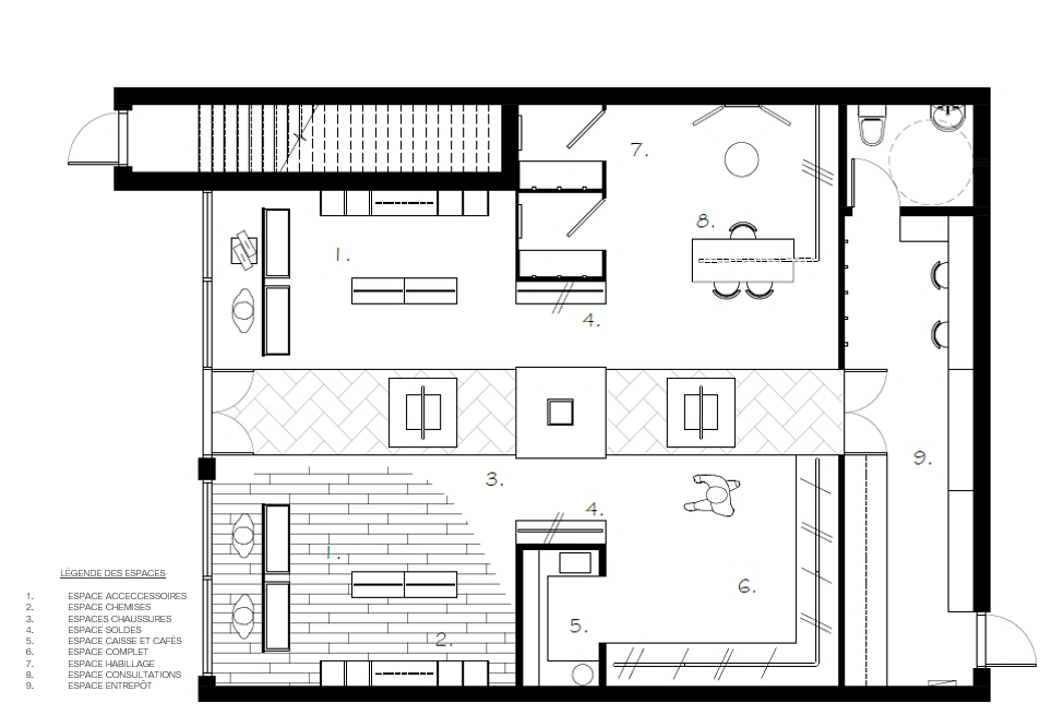 Boutique François-David : Un plan d’aménagement linéaire permet un espace organisé et épuré. La nouvelle planification propose une zone de consultation privée pour l’ajustement des vêtements.