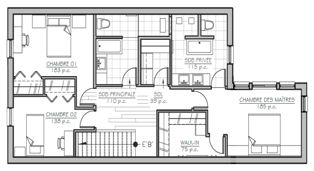 Duplex à Montréal : Plan d’aménagement représentant le deuxième étage du duplex.