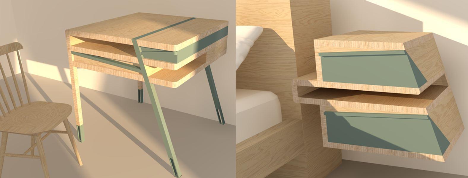 PROJET 2 : Création de mobilier pour enfant fait intégralement en bois. Je vous présente un bureau, lieu de création et d’apprentissage, ainsi qu’une table de chevet pour recueillir nos objets préférés et conserver nos livres précieux.