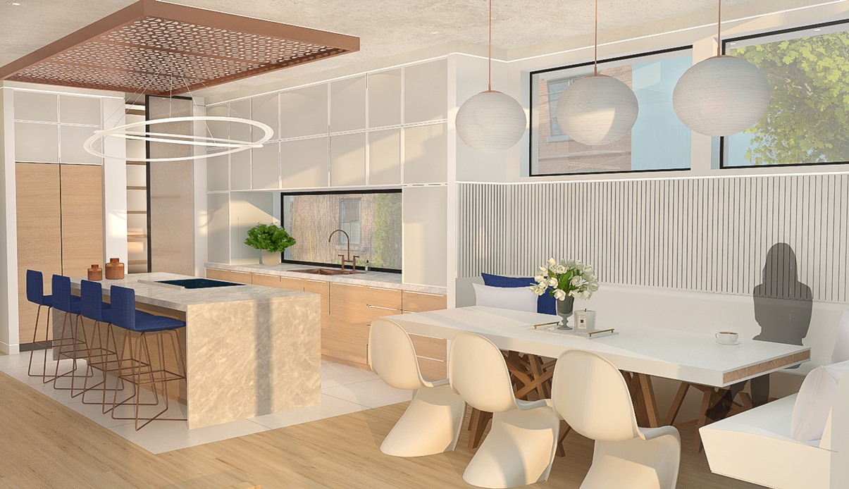 PROJET 2 : Cette image est une vue tridimensionnelle de l’aménagement de cuisine proposé pour un projet résidentiel qui consiste à transformer un duplexe, situé à Montréal, en une seule résidence.