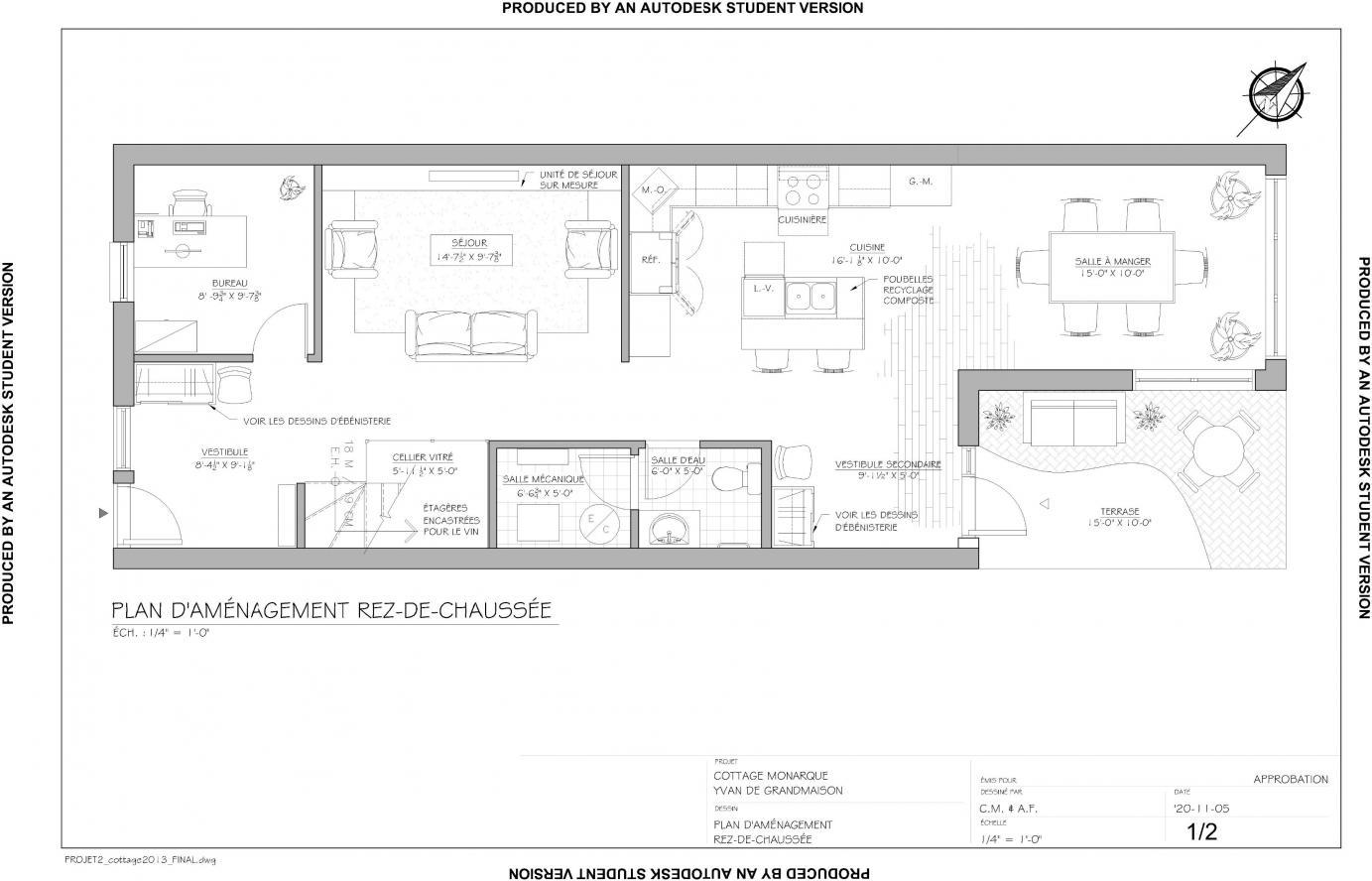 PROJET 2 : Cottage le Monarque - Conversion d’un duplex en cottage —1 968 pi². L’aménagement à aire ouverte est axé sur les rencontres entre amis. Présence d’un bureau près de l’entrée principale afin de faciliter les échanges avec les clients.