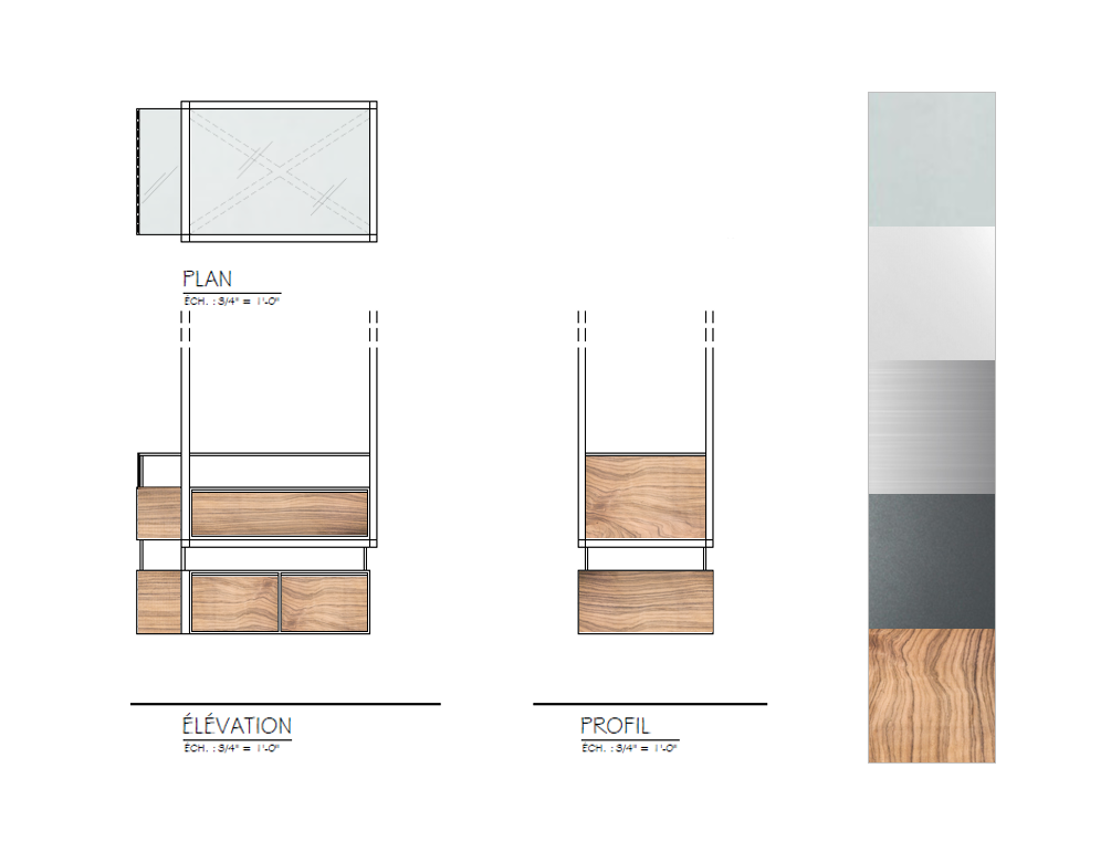 Présentoir beauté : La conception devait intégrer un espace de présentation et des espaces de rangement fermés pour le surplus de marchandise. Le tout doit permettre aux clients d’avoir accès aux différents produits offerts par la boutique.