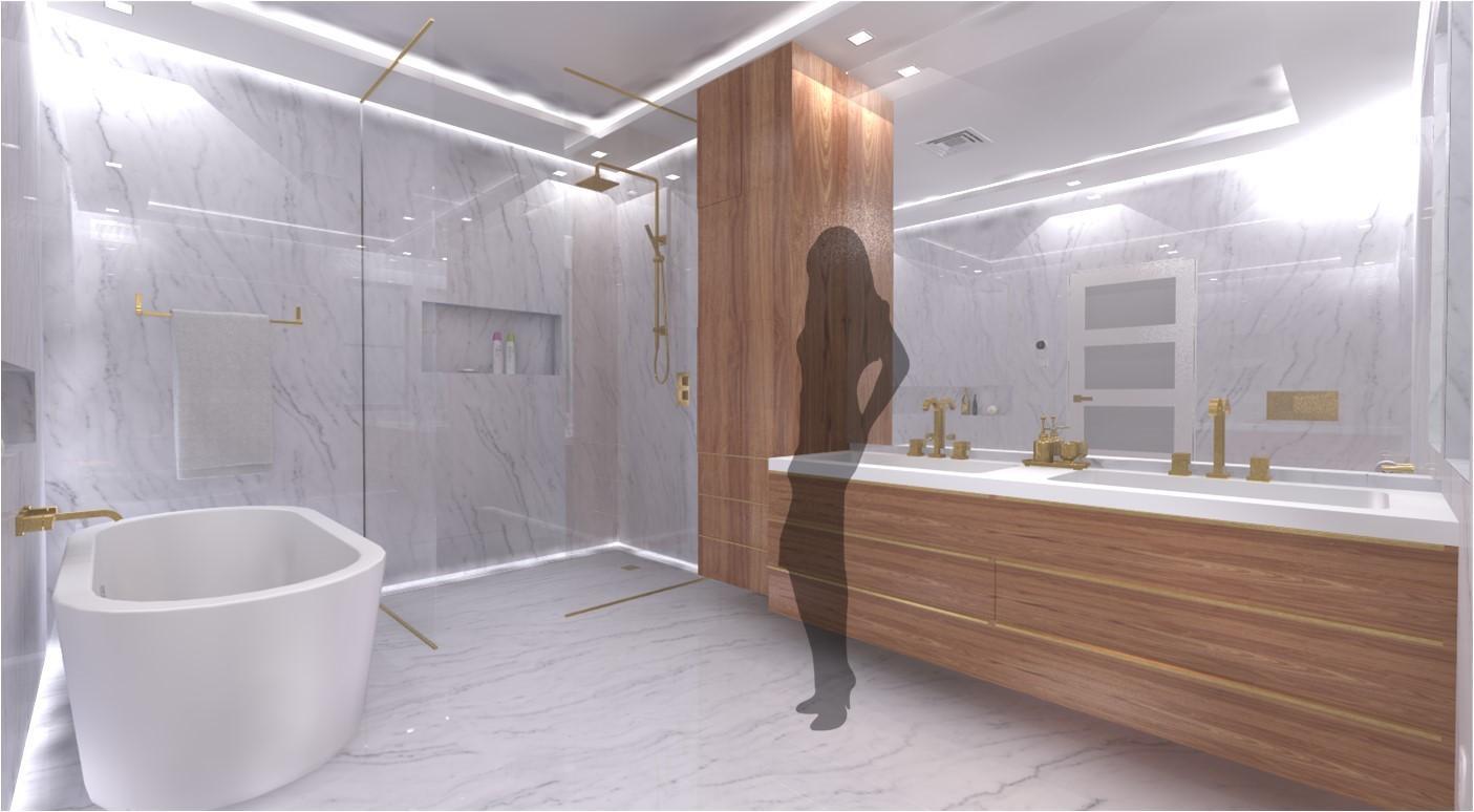 Cottage Montréal : La pureté, le luxe et la richesse des matériaux de cette salle de bains apportent la détente… 