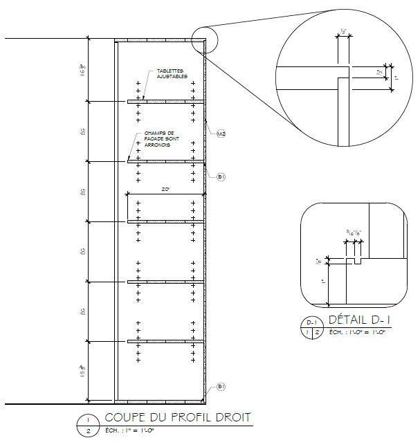 PROJET 2 - Réalisation des dessins techniques du meuble. Coupe et détails du rangement fermé.
