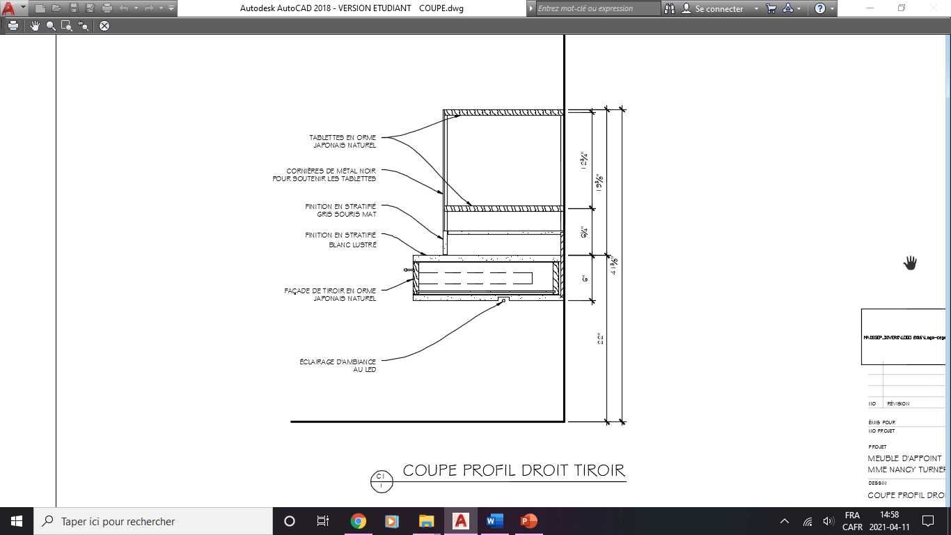 PROJET 1 : Meuble d’appoint pour chambre à coucher. Coupe et détails du meuble, inscription des finis et des accessoires ainsi que les hauteurs de chaque module.