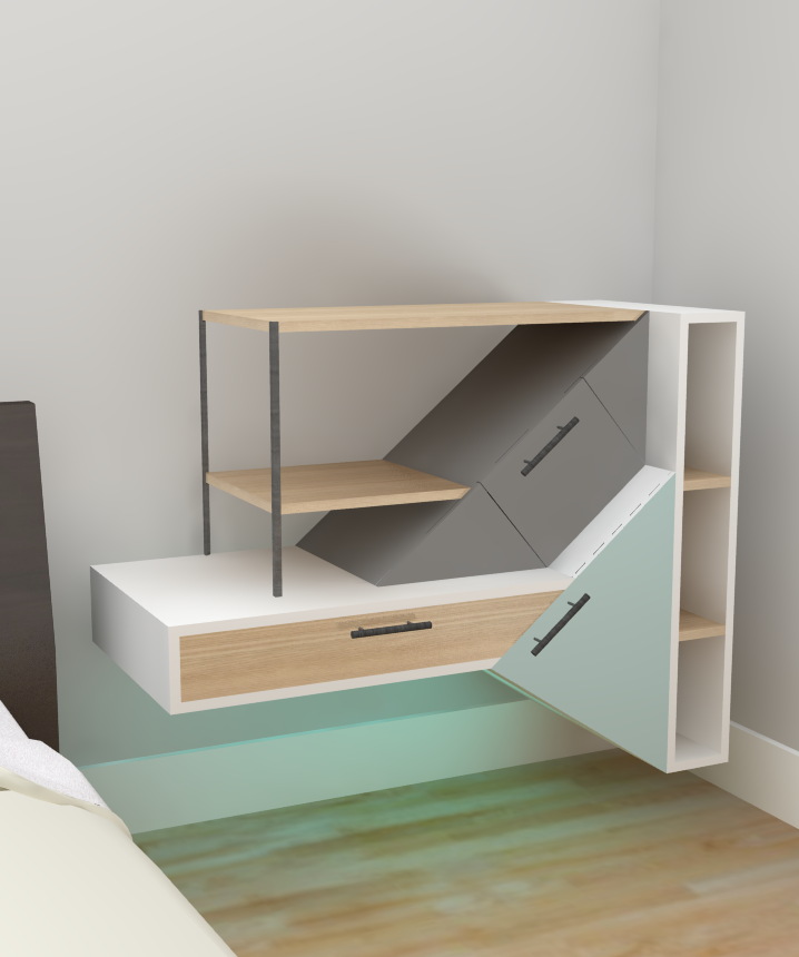 PROJET 1 : Meuble d’appoint pour chambre à coucher. L’asymétrie du meuble vient dynamiser l’ensemble alors que les couleurs neutres donnent un look plus contemporain. Quelques touches d’accents sont ajoutées afin de rendre le meuble plus attrayant.