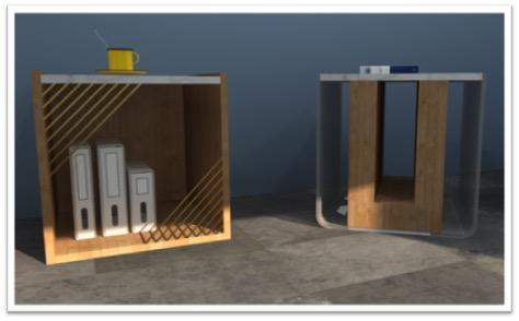 PROJET 2 : Deux tables d’appoint où le temps s’arrête. Une vue 3D sur le design créatif de ses tables utilitaires et uniques. L’ensemble des matériaux créent une harmonie, mais dans une conception différente. Une sélection de couleurs et de matériaux qui apportent une légèreté dans l’espace. Les formes rectilignes sont directement reliées au symbole de la pause.