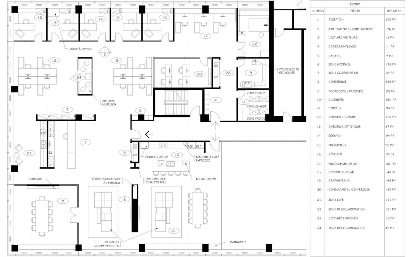 PROJET 1 : Le plan d’aménagement complet du bureau Ubisoft où l’on peut apercevoir la salle de conférence en bas à gauche.