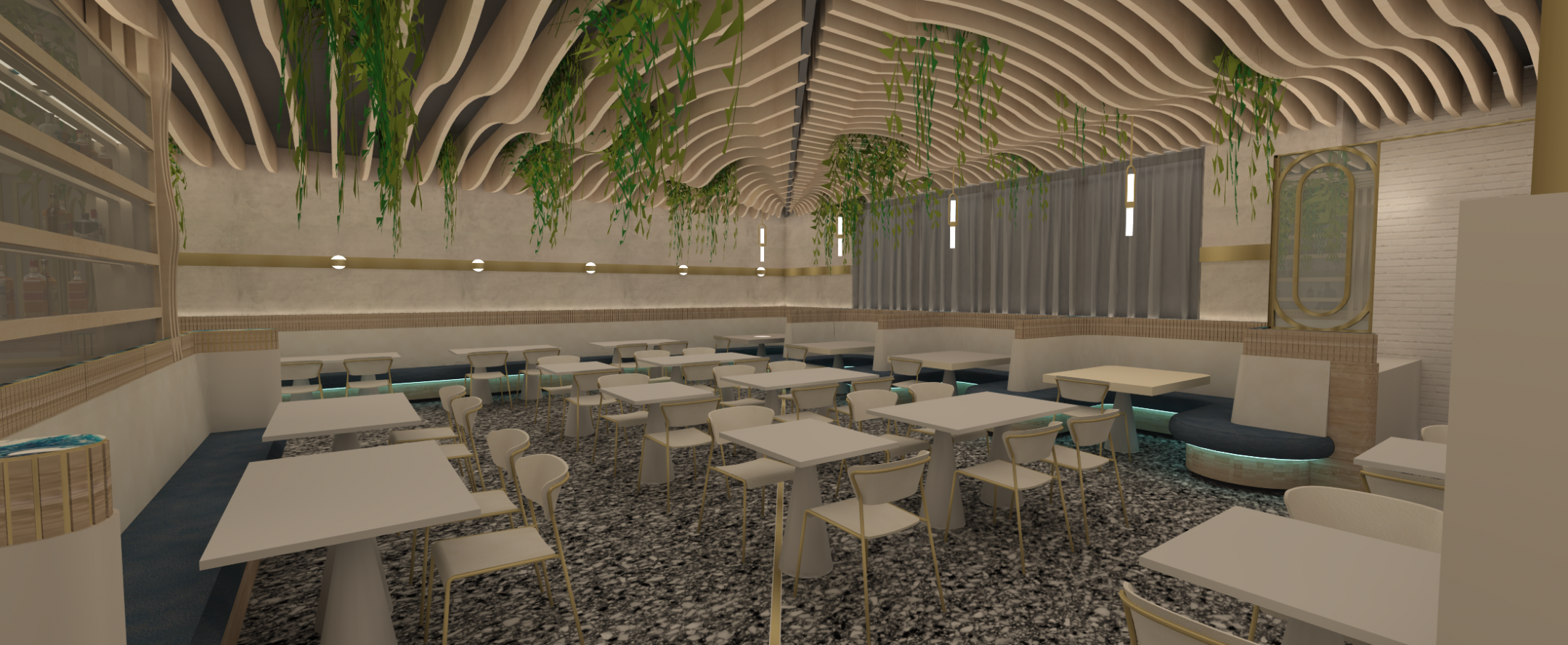 PROJET 1 : Dans ce restaurant grec Skorpios, le design s’inspire de la clarté d’un paradis bâti sur les fondations obscures d’un passé.