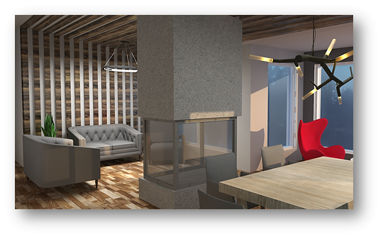 PROJET 2 : Le choix des matériaux bruts et l’utilisation du bois amènent de la chaleur et du confort à cet espace. De plus, la petite touche de rouge accentue l’aménagement.